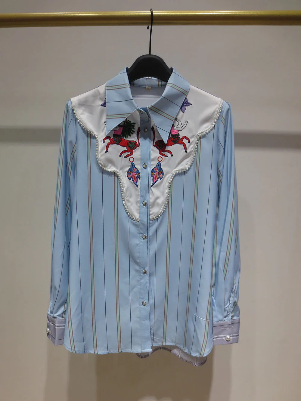 

2021 Spring New Retro Beaded Stitching Cartoon Embroidered Shirt Women Casual Blue Striped Blouse Lady Top