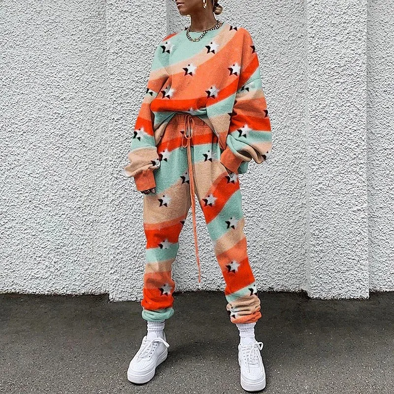 

Sale Fashion Print 2 Piece Set Women Set 2021 Spring Casual O Neck Long Sleeve Plus Size Sweatshirt Top And Pants Sweat Suit Set