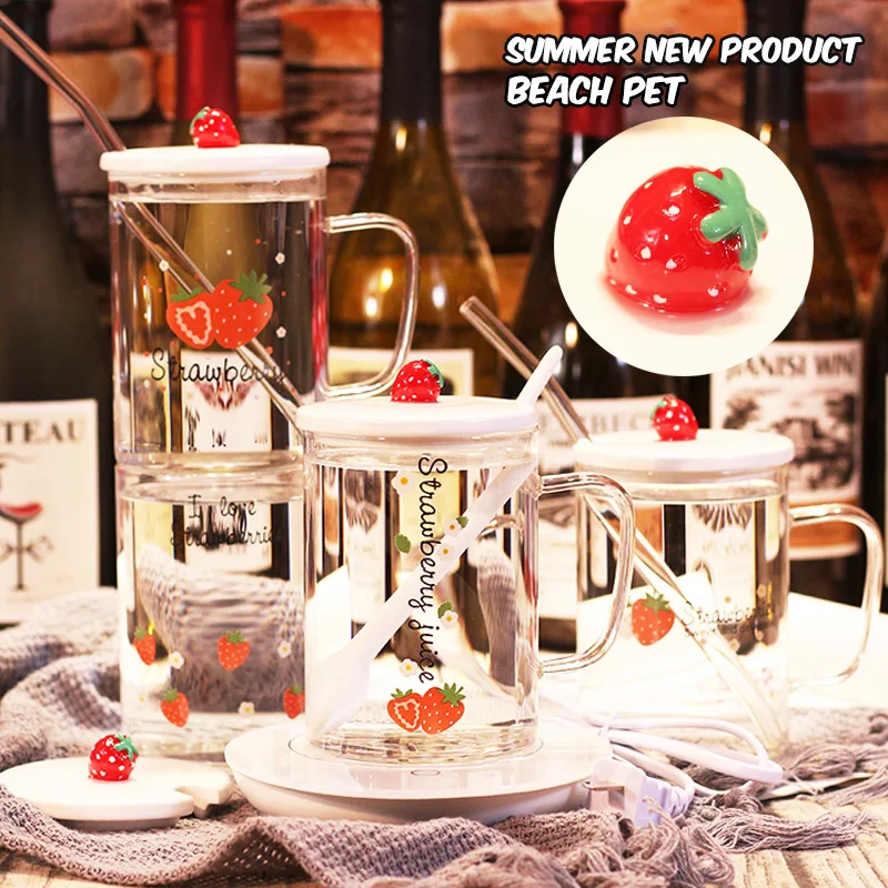 

Transparent Coffee Mugs Cocktail Glass Heat-Resisting Strawberry Pattern Juice Water Drinking Tea Cup Milk With Straw Lid Gift