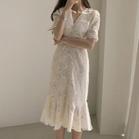 korean sweet simple women beige lace dress solid black summer short sleeve french vintage dresses mermaid elegant party vestido