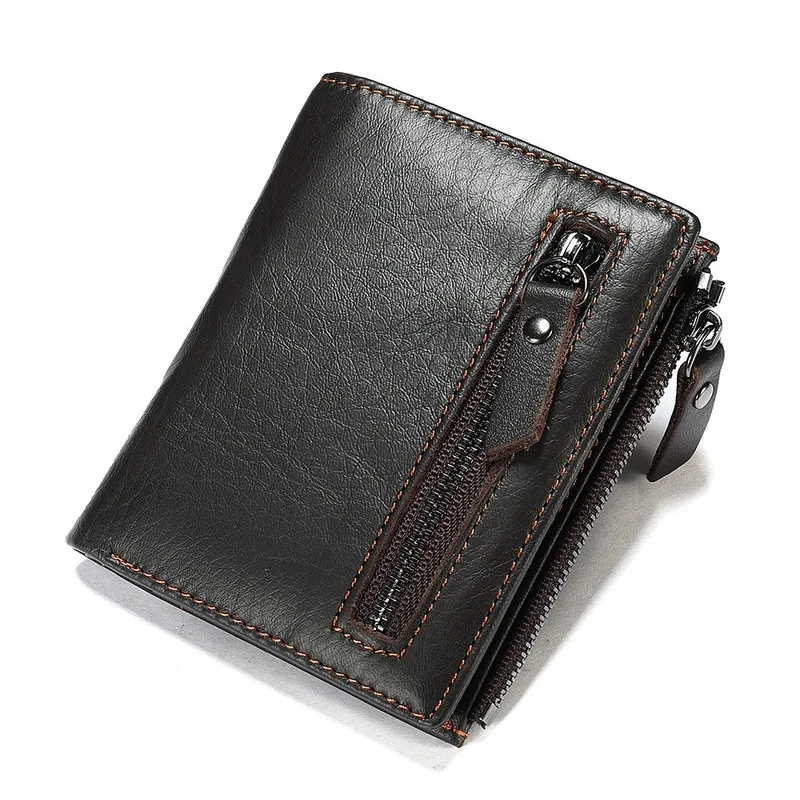 

Men Wallets Genuine Leather Double Zipper Card Holder Short Male Purse Coin Pocket Vintage fashion Brand High Quailty