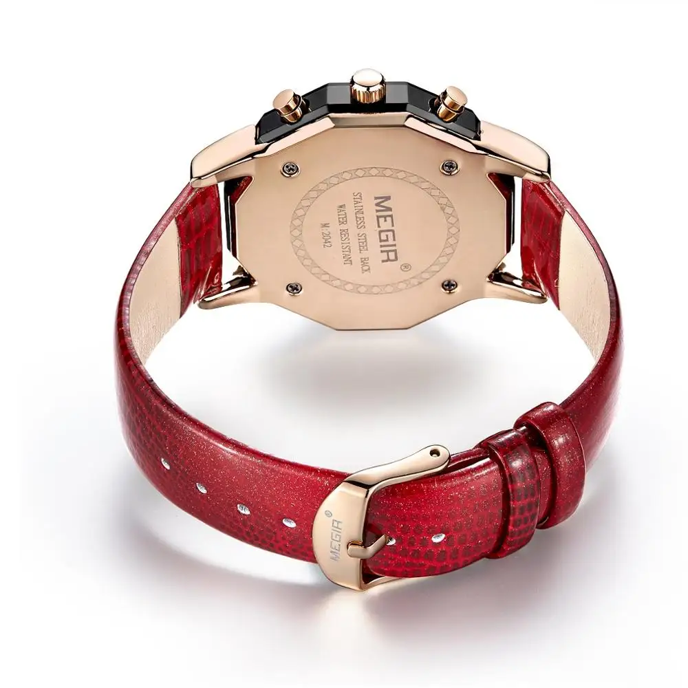 Женские кварцевые часы с хронографом Megir красные водонепроницаемые наручные