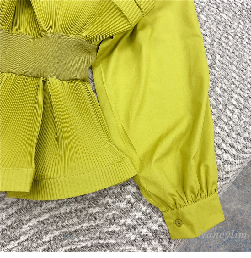 

Women's Shirt 2021 Spring Summer New Pleated Slim Waist Long Puff Sleeve Top Blouses Femme Blusas Mujer