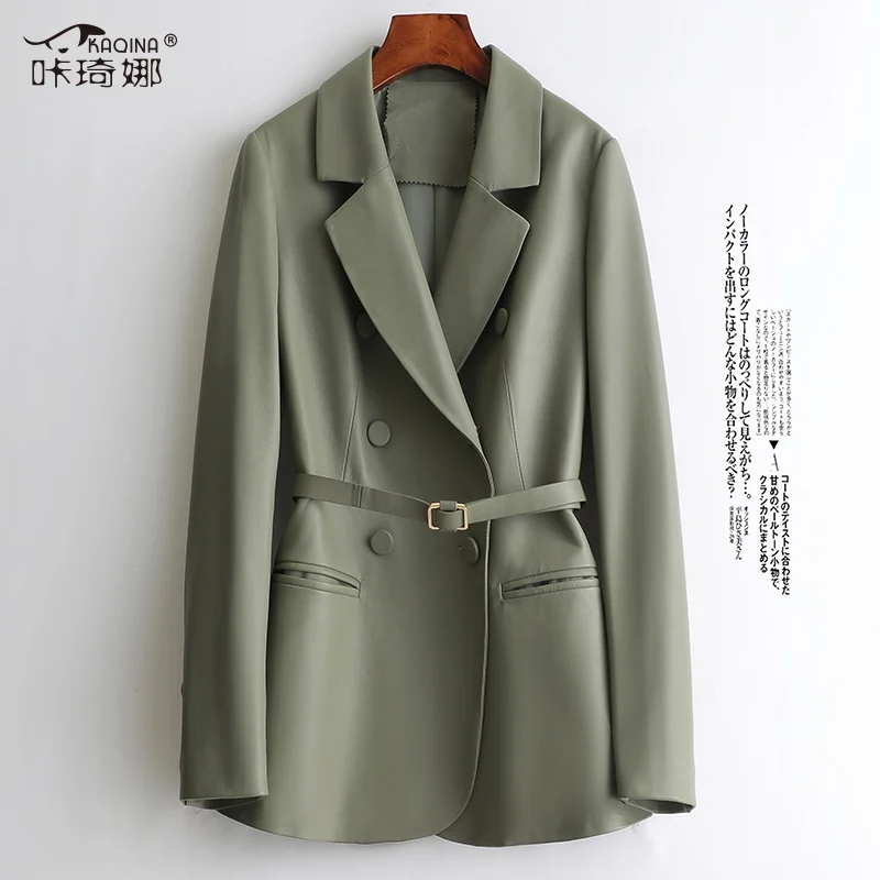 

Женская кожаная ветровка средней и длины SHZQ, двубортная куртка из овечьей кожи для ранней осени, 2021