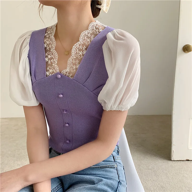 

Футболка женская трикотажная из двух предметов, облегающий кроп-топ с кружевными рукавами-фонариками в стиле Харадзюку, хлопковая Повседне...