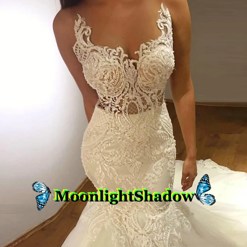 

Fabulous Scoop Mermaid Wedding Dresses Illusion Lace Appliques Dubai Arabic Saudi Robe De Mariee Custom Made