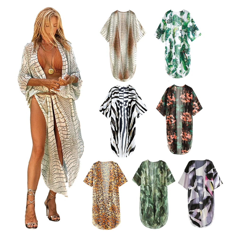 

2021 Boho Sexy Striped Chiffon Bathing Suit Cover-ups Plus Size Beach Wear Kimono Dress Women Summer Swimsuit Beach Sun Shade