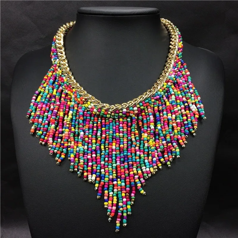 

2021 Bohemian Necklaces Fashion For Women Jewelry Mujer Handwoven Collier Long Tassel Beads Choker Statement Necklaces N20