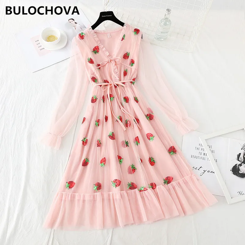 Женское длинное платье с пышными рукавами розовое Сетчатое V образным вырезом и