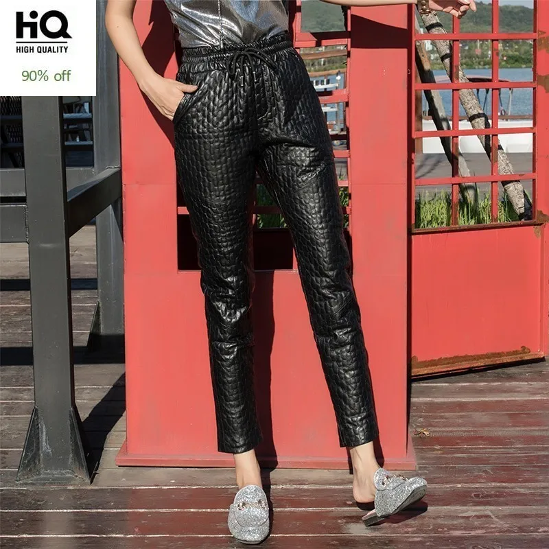 Модные Плотные клетчатые женские брюки-карандаш из натуральной кожи с завязками