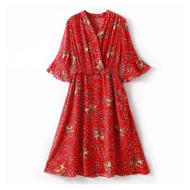 

2020 Summer Women's New Fashion V-neck Bell Sleeve Waist Hugging Slim Silk Floral Printed Dress Women