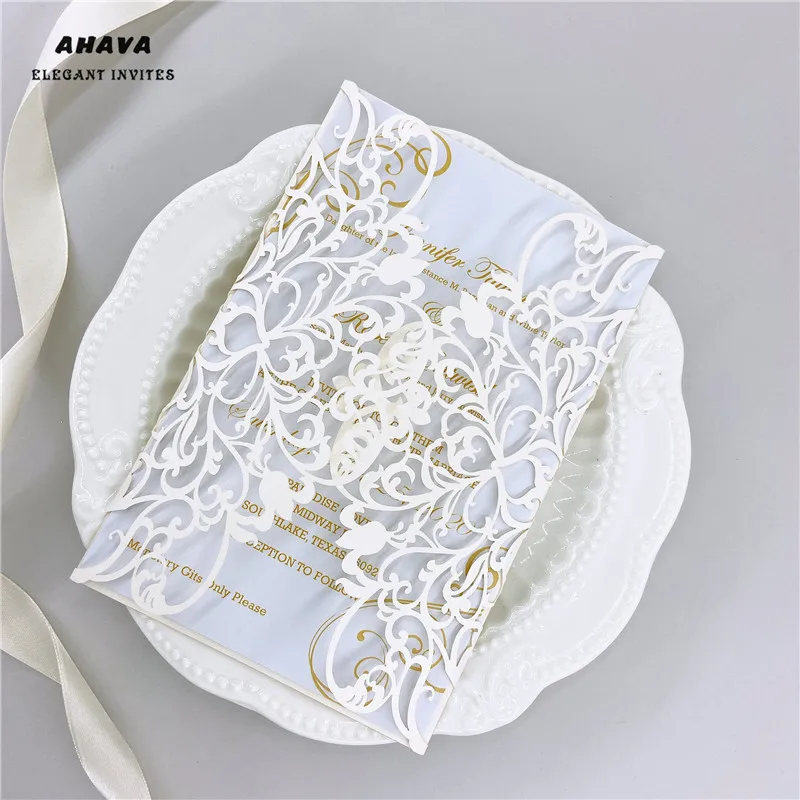 Перламутровая слоновая кость Lasercut приглашение карманные складные лазерная