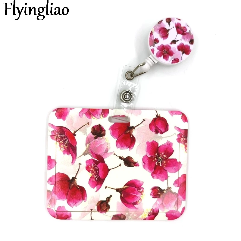 

Red Flowers Cute Card Cover Clip Lanyard Retractable Student Nurse Badge Reel Clip Cartoon ID Card Badge Holder accessories