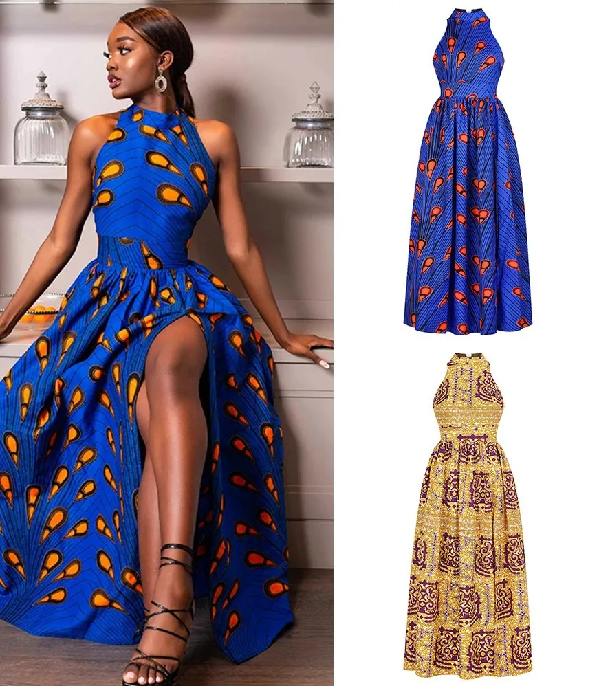 

Sexy Strapless Sleeveless Dress Spring 2021 New African Plus Size Women's Fashion Digital Color Printing Ankara Split Long Dress