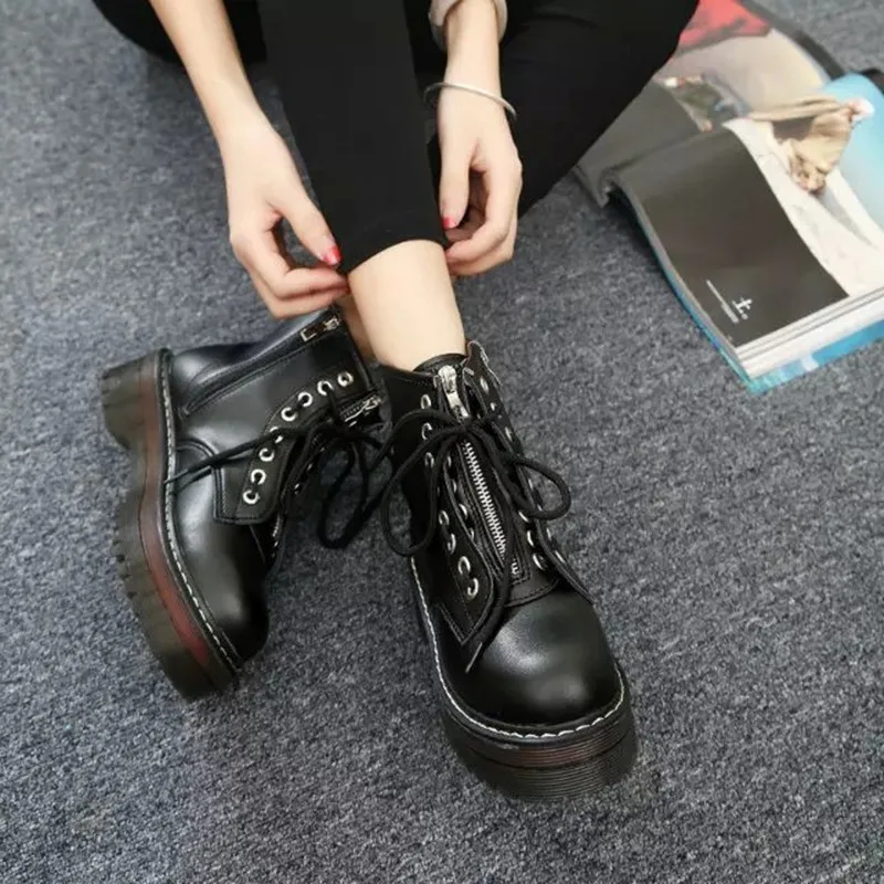 

High Quality Fashion Zipper Flat Shoes Woman High Heel Platform Leather Boots Lace up Women Shoes Ankle Boots Girls Size 35-40