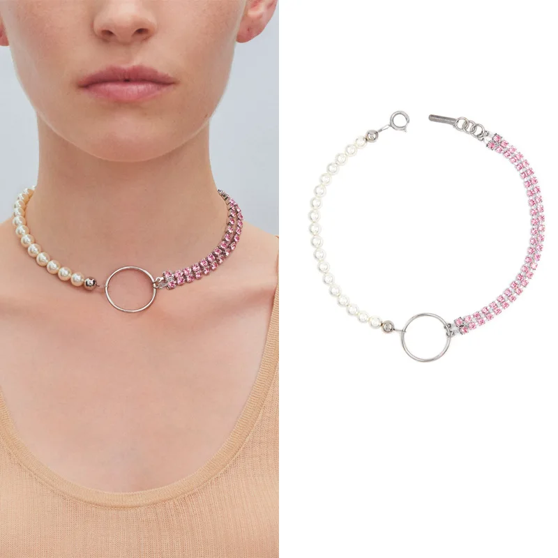 

New Pink Rhinestone Chain Pearl Ring Short Necklace Female Choker Clavicle Chain