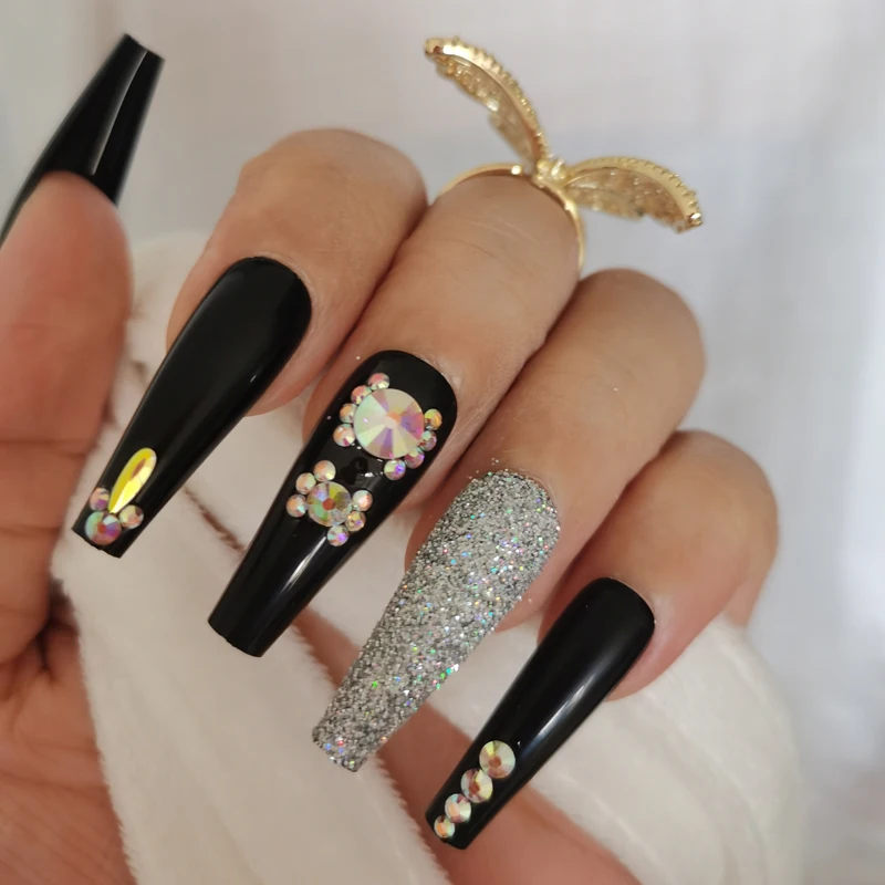 

24pcs New luxury jewelry long ballet coffin fake nails crystal diamond black