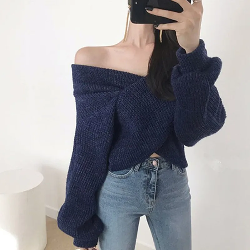 HziriP 2020 OL Sexy Crop Tops Loose Sweater Woman Long Sleeve V Neck Solid Women Sweaters And Pullovers Knitted Jumpers Female | Женская