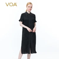 voa silk jacquard black polo collar short sleeve shirt skirt with three dimensional wavy fold design casual summer dress ae912