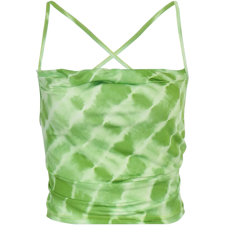 

halter neck back criss-cross lace up tie-dye crop top