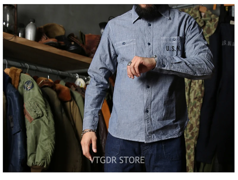 Bronson WW2 USN ШАМБРЕ Рабочие Рубашки мужские винтажные Selvage темно-синий усталость утилита
