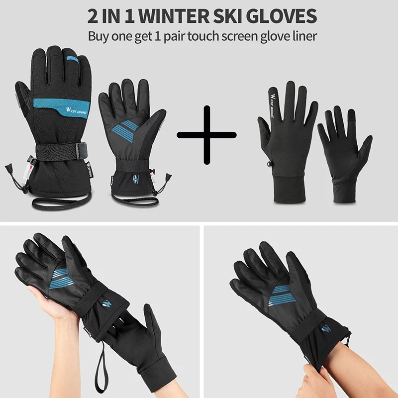 WEST BIKING 2 Pairs Suit Ski Gloves Winter Super Warm 3M Thinsulate Snowmobile Touch Screen Motorcycle Cycling Sports | Спорт и