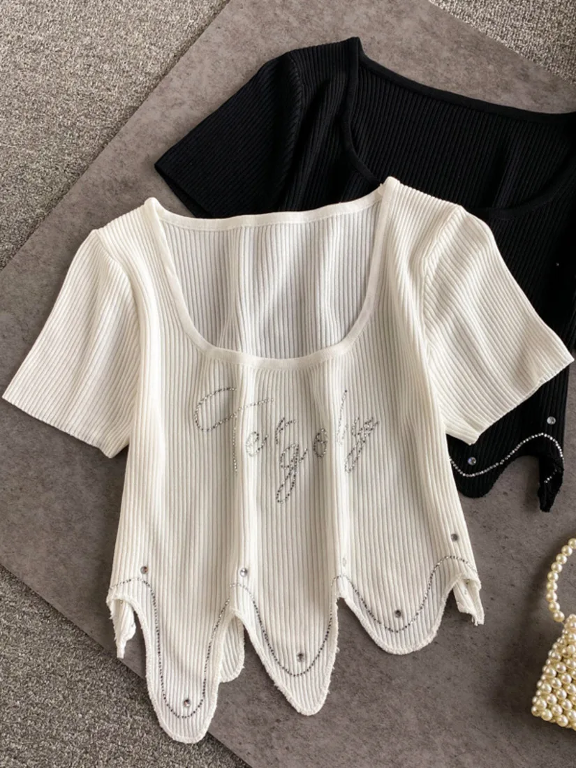 

2021 Summer O-neck Women Fashion Hot Drilling Exposed Navel Blouse Short Slim Top Short Sleeve Irregular Wave Cut T-shirt Casual