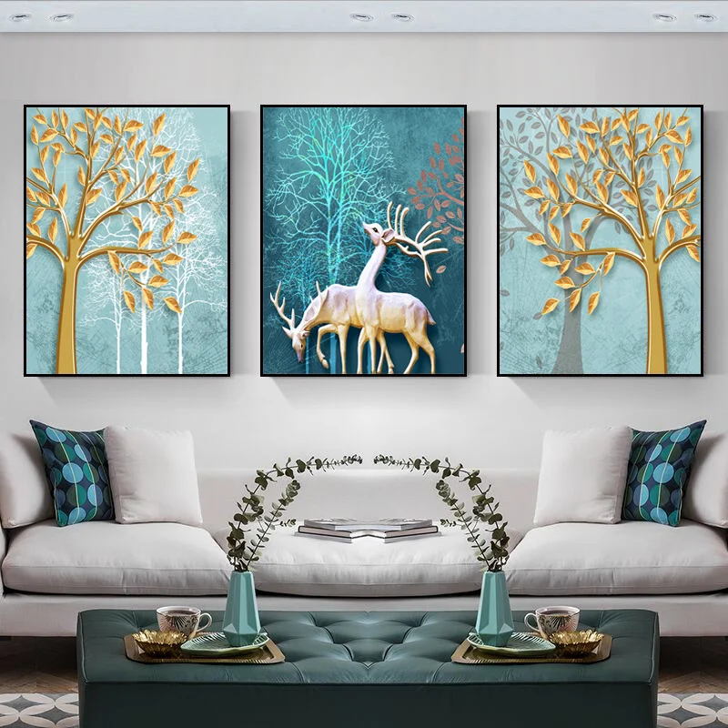 

Abstract Deer Snow Land Leaves Trees Geometric Black White Lines Canvas Painting Wall Picture Poster Living Room Home Decoration