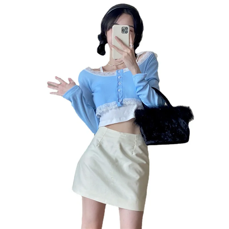 

EBAIHUI Female Long Sleeve Solid Cardigan Shirt O-Neck Sweet Crop Top Lace Patchwork Lady Tees Basic Chic Thin Short T Shirt