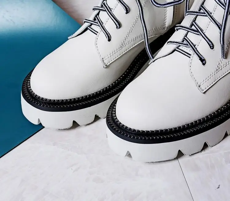 Buono Scarpe Mixed Color Women Ankle Boots Lace Up Female Ankle Botas Mujer Thick Bottom Genuine Leather Boots Fenimina Non-Slip