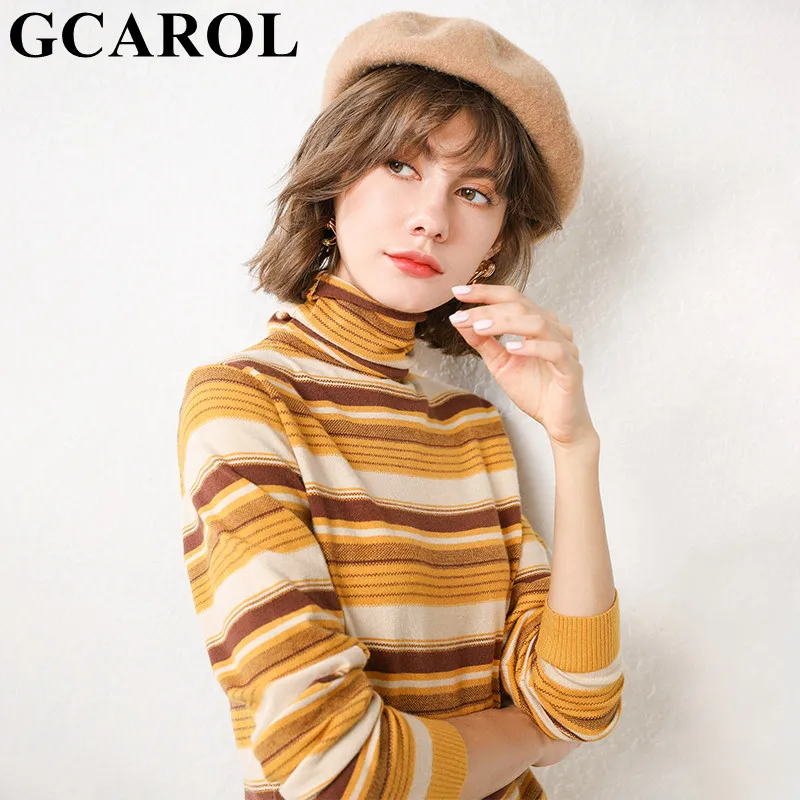 Женский пуловер с цветным градиентом GCAROL, вязаный свитер с хомутом, трикотажный джемпер в полоску с содержанием шерсти 30%, подходит под все, водолазка для весны, осени и зимы