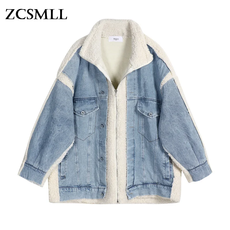 

ZCSMLL 2021 New Warm Autumn Winter Cotton Coat For Women Lamb Wool Patchwork Denim Outwear Female Fashion TH592