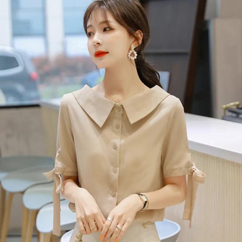 

New Chiffon Women Blouses Woman Solid Blouse Shirt Plus Size Blusas Mujer De Moda 2021 Summer Woman Peter Pan Collar Blouse