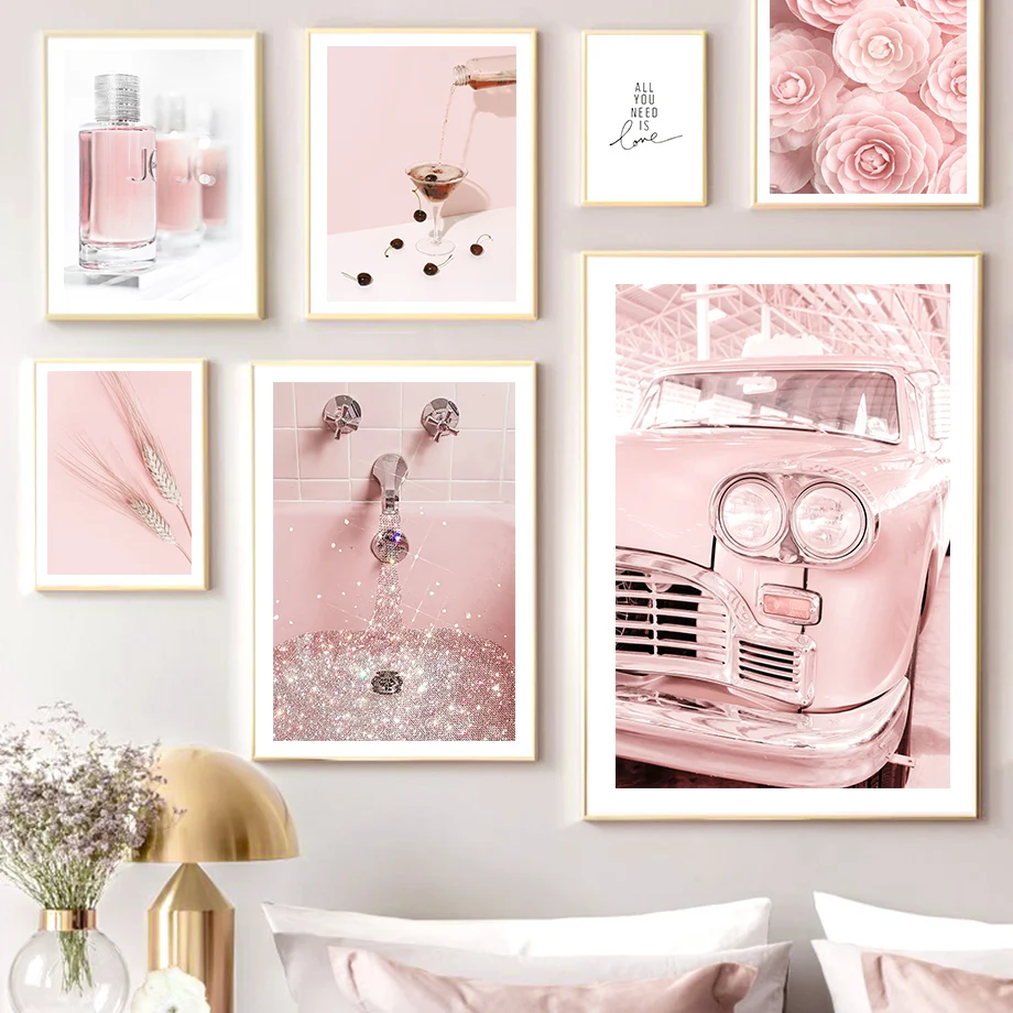 

Pink Flower Car Ring Perfume Headset Bathroom Wall Art Canvas Painting Nordic Posters And Prints Wall Pictures Living Room Decor