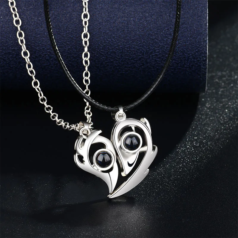 

100 Languages I Love You Couple Necklaces 2PCS/set Angel Wing Heart Pendant Necklaces Men Women Valentine's Day Jewelry Gifts