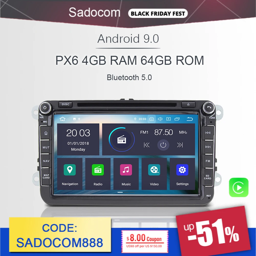 Автомагнитола для VW POLO GOLF PASSAT B5 B6 Tiguan 720-10 0 2004 P PX6 2 din 8 дюймов Android 2012 4 ГБ 64 Гб ПЗУ -