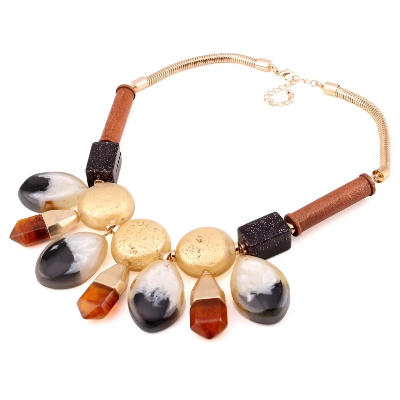 Gold Color Chain Big Chunky Necklace For Women Florosy Brand Jewelry Wood Resin Material Statement Pendant | Украшения и