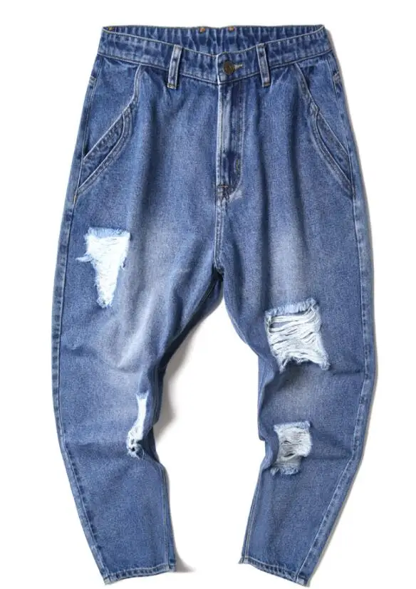 Men Low Drop Crotch Baggy Loose Patch Jeans Streetwear Pants Personality Jeans Cowboy Cross-Pants Size 29-42