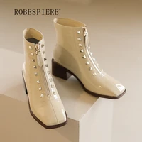 robespiere 2021 winter square toe martin boots high heeled cow patent leather women boots rivet front zipper shoes b314