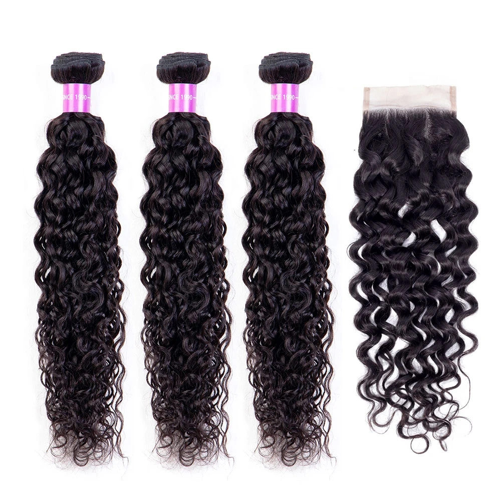 Бразильские волосы волнистые пучки с закрытием бесплатная часть Remy 3 шт
