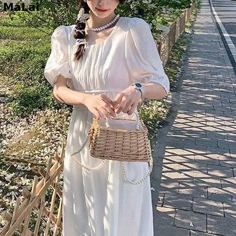 One Piece Dress Korean 2021 Summer Elegant Midi Dress Female Evening Party Basic Women Casual Short Sleeve Beach Solid Dress