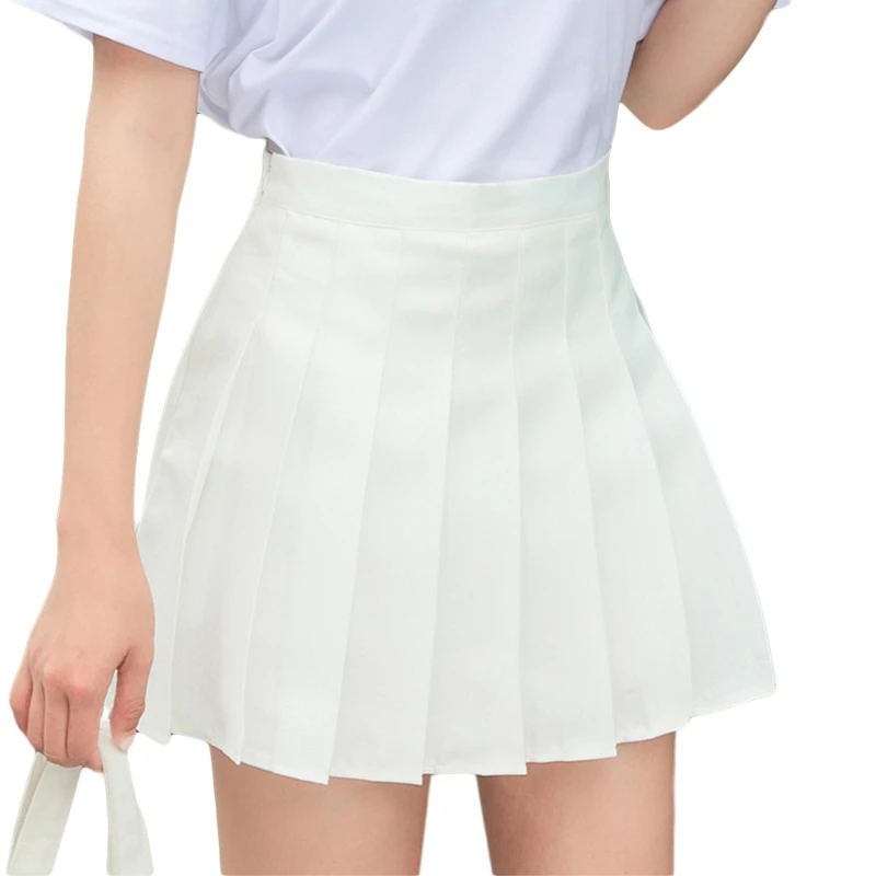 

Women High Waist Solid Color Pleated Skater A-Line Mini Skirt with Lining Shorts Y3NE