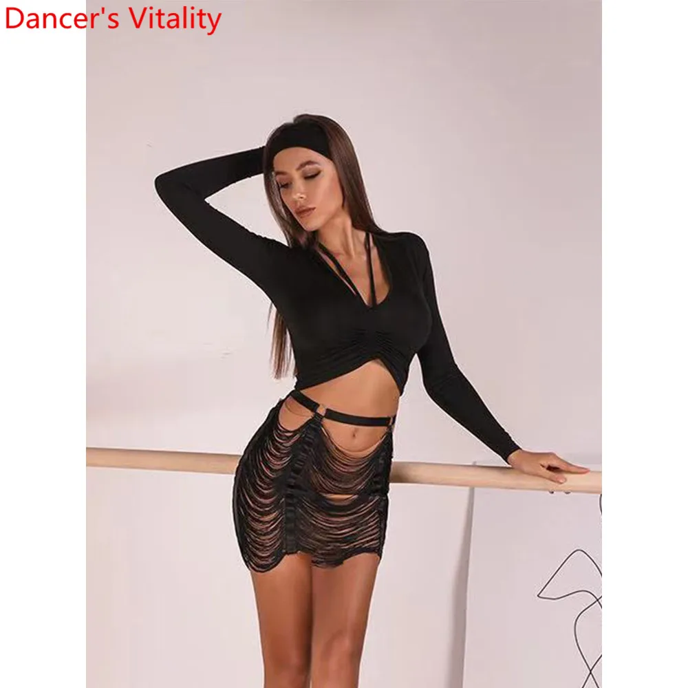 Одежда для латиноамериканских танцев черный топ с длинными рукавами на завязках