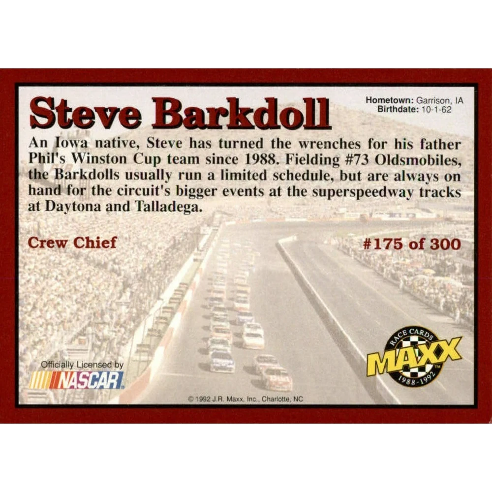 Maxx 1992 Коллекционная карточка Nascar №175 Steve Barkdoll | Игрушки и хобби