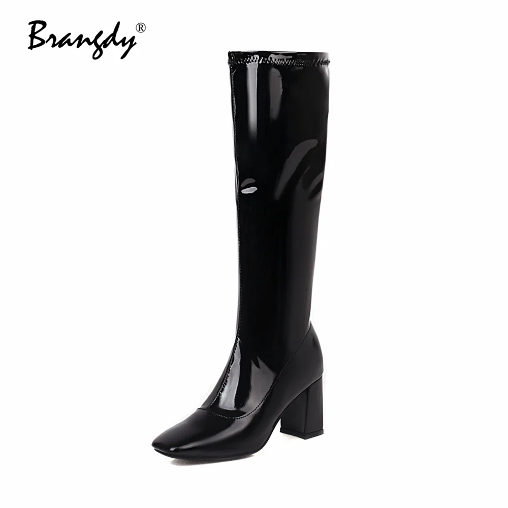 Brangdy 2022 Women Knee Hight Boots PU Leather Fashion Women Shoes Square Toe Zipper Women Winter Knight Boots 6 cm Square Heels