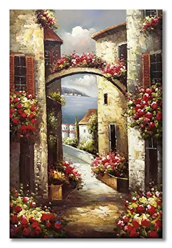 

100% Hand Painted Canvas Wall Art Italy Town Sea Coast Flowers Oil Painting No Framed Landscape Scenery Wall Decor