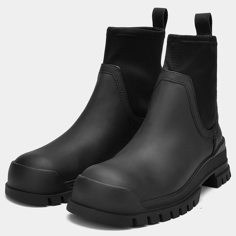 

Rainboots Autumn Flat Thick-soled Ankle Booties Black Increased Women's Shoes Chelsea Stretch Short Tube Martin Boots