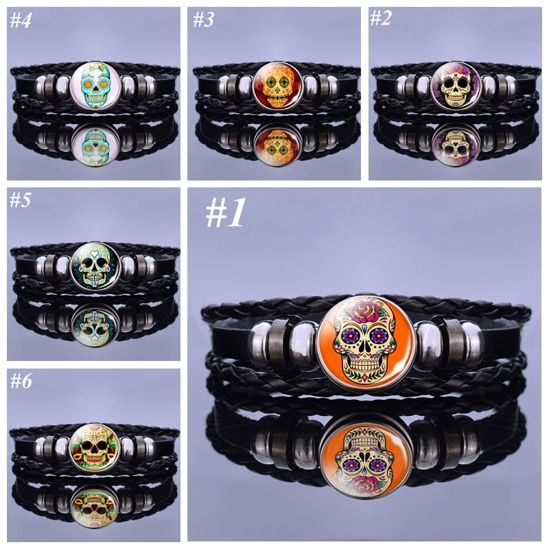 Черный кожаный браслет в виде черепа мексиканском стиле|Гибкие браслеты| |