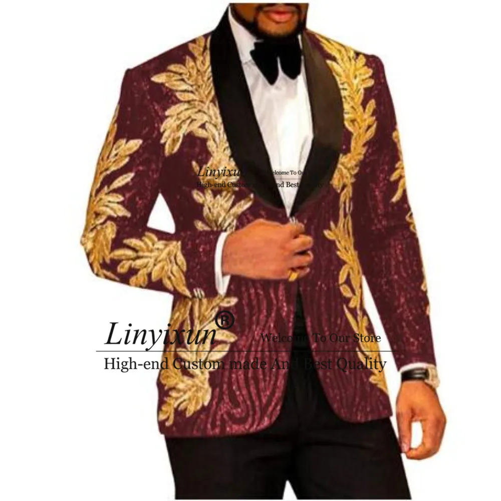 Slim Fit terno masculino Shiny Sequins Gold Applique Suits Men Prom Tuxedos Grooms Set 2 Pieces(Blazer+Pants) Costume Homme images - 6