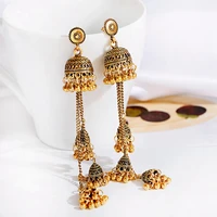 ethnic gold color afghan long tassel bead drop earrinngs bollywood jewellery bell jhumka indian earrings wedding jewelry